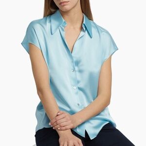 Vince Cap Sleeve Gathered Back Short Sleeve Silk Button-Up Shirt Celeste SZ XL